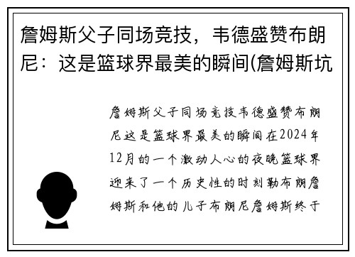 詹姆斯父子同场竞技，韦德盛赞布朗尼：这是篮球界最美的瞬间(詹姆斯坑韦德)