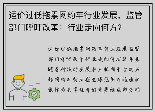运价过低拖累网约车行业发展，监管部门呼吁改革：行业走向何方？